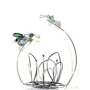 Butterfly Dragonfly Glass Beads Chrome Wire Candle Tealight Holder 8.5x7" Silver